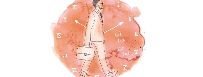 Illustration: Ein Mann im Anzug läuft mit einer Aktentasche in der Hand durchs Bild. Im Hintergrund ist eine Uhr zu sehen.