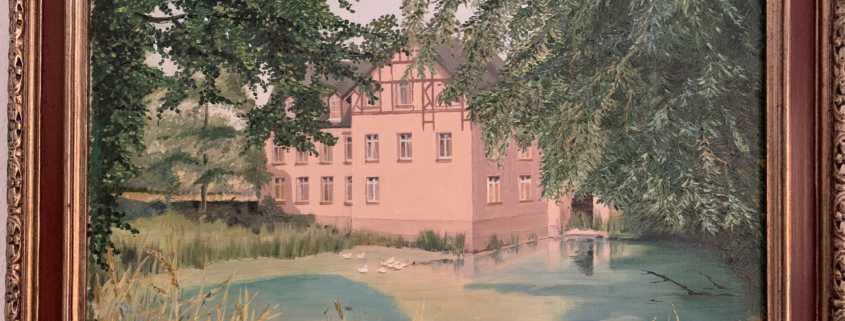 Ein geschöntes Ölbild der Mühle aus den 1970ern. Die unteren vier Fenster links waren das Reich von Familie Oelschläger. Foto: Privat.