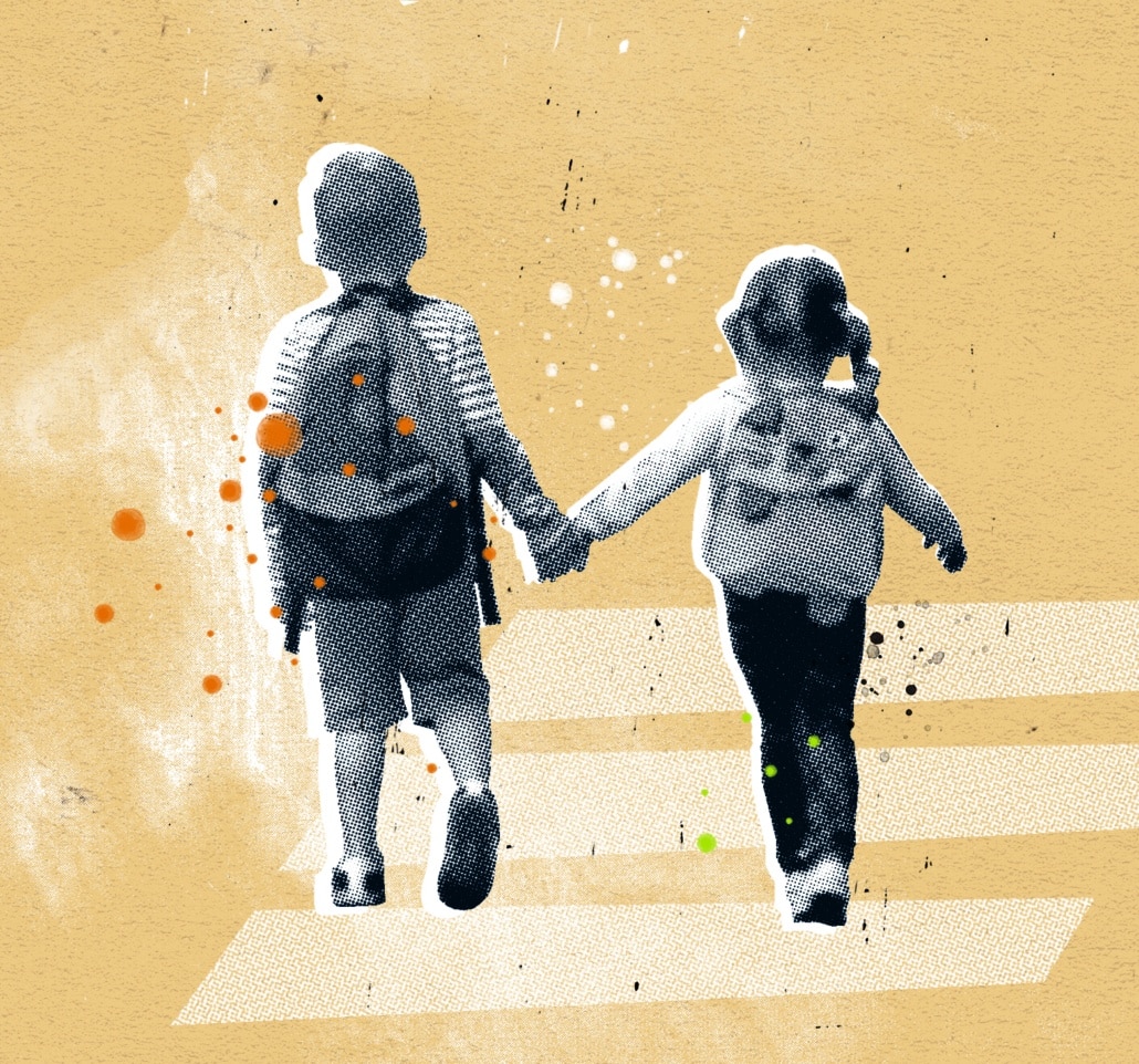Zwei Kinder auf dem Weg zum Kindergarten. Illustration: Sabrina Müller, sabrinamueller.com